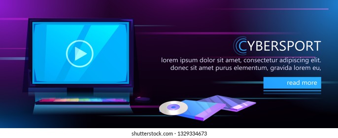 ESports banner. Workplace cyber sportsman gamer. Play video games on PC for virtual reality headset . Vector cartoon illustration 