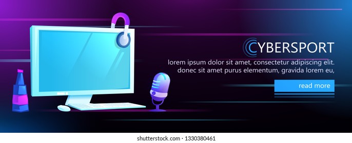 ESports banner. Workplace cyber sportsman gamer. Play video games on PC for virtual reality headset . Vector cartoon illustration