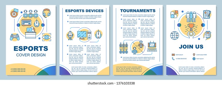 Esports brochure template layout. E sports devices, tournaments. Flyer, booklet, leaflet print design with linear illustrations. Vector page layouts for magazines, annual reports, advertising posters