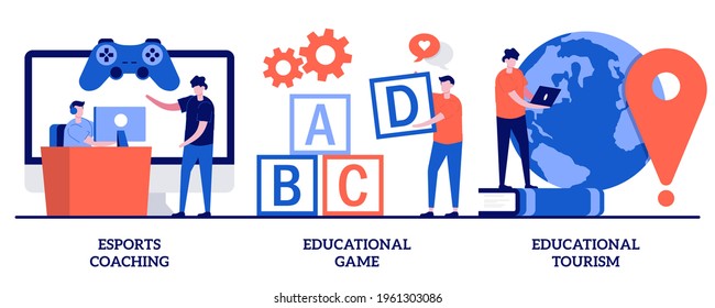 Esports coaching, educational game, educational tourism concept with tiny people. Cyber sport training, entertaining studying, worldwide travel abstract vector illustration set.