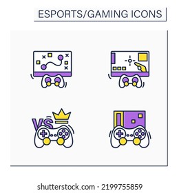Esports color icons set. First person shooter, strategy game, video game. Special equipment. Gaming concept. Isolated vector illustration