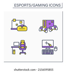 Esports color icons set. Furniture, laptop and technical equipment. First person shooter.Gaming concept. Isolated vector illustrations