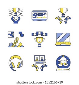 Esports color icons set. Gaming gadgets and accessories. Winner cup. Strategy game. Gamer hardware. Isolated vector illustrations