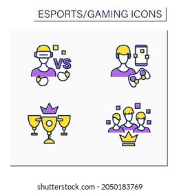Esports color icons set. Virtual reality goggles, wireless headphones, team gaming, champion golden cup. Gaming concept. Isolated vector illustrations
