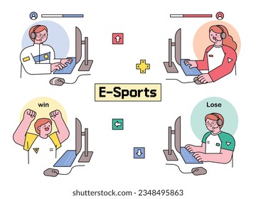 E-sports competition. Gamers are battling with computers. outline simple vector illustration.