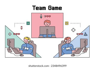 E-sports competition. Gamers on a professional team are playing a game together by sending items to each other. outline simple vector illustration.