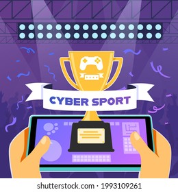 The e-sports competition of the year Trophies and prize money await esports athletes if they are able to win against an opposing team. Vector flat illustration.