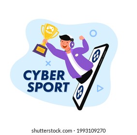 The e-sports competition of the year Trophies and prize money await esports athletes if they are able to win against an opposing team. Vector flat illustration.