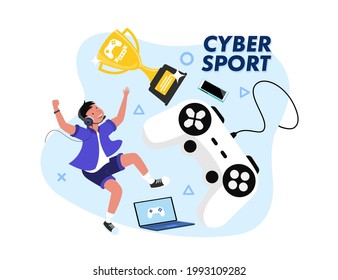 The e-sports competition of the year Trophies and prize money await esports athletes if they are able to win against an opposing team. Vector flat illustration.
