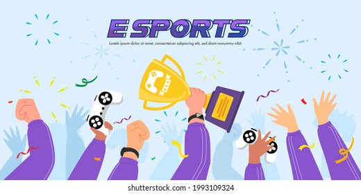 Der E-Sport-Wettbewerb des Jahres Trophäen und Preisgeld warten auf Athleten, wenn sie gegen eine gegnerische Mannschaft gewinnen können. Vektorflache Illustration.