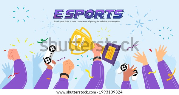 The e-sports competition of the\
year Trophies and prize money await esports athletes if they are\
able to win against an opposing team. Vector flat\
illustration.