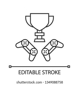 Esports cup linear icon. Competition winner trophy. Video gaming tournament. Cyber sport champion award. Thin line illustration. Contour symbol. Vector isolated outline drawing. Editable stroke