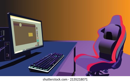 esports device and equipment, sport chair, computer set and monitor indoor with colorfull lights