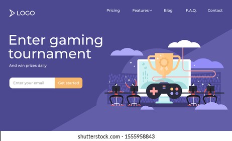 Esports flat tiny persons vector illustration landing page template design. Online virtual games competition. Entertainment console team vs gaming group players. Winning hobby cup in championship.