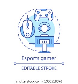 Esports gamer concept icon. Gaming gear, environment. E sport accessories. Video game devices. Game player idea thin line illustration. Vector isolated outline drawing. Editable stroke