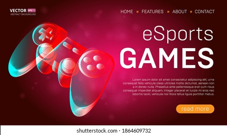 Esports games landing page template with a gamepad or retro game console controller banner. Outline vector illustration of wireless video game joystick in 3d line art style on abstract background