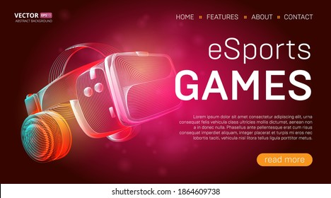 Esports games landing page template with a virtual reality headset with glasses and headphones or VR helmet banner design. Outline vector illustration in 3d line art style on abstract background