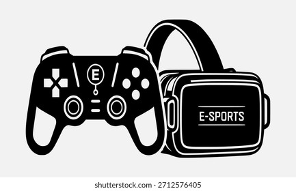 E-Sport-Spielkonzept mit Gamecontroller und Virtual Reality VR-Headset, Vektorgrafik schwarz-weiß Symbol