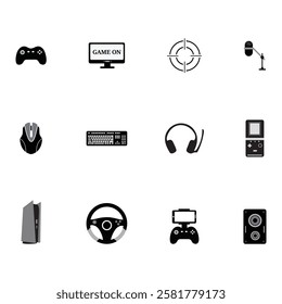 E-sports  gaming equipment black and white Icon set 
