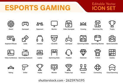 Esports Gaming Icon Pack - Ilustrações modernas de contorno, vetor e arte de linha para torneios, equipes, jogadores, jogos e design digital
