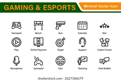 Esports Gaming Icon Pack – Modern Outline, Vector, and Line Art Illustrations for Tournaments, Teams, Players, Games, and Digital Design