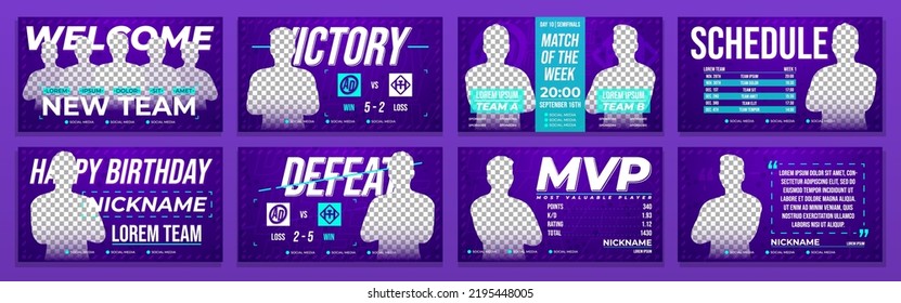 Esports Gaming Screens Asset Kit. E Sport Games Banner Set: New Team, Happy Birthday, Victory, Defeat, Match Of The Week, Schedule, Player Quote. Cybersport Design Template. Eps10 Vector