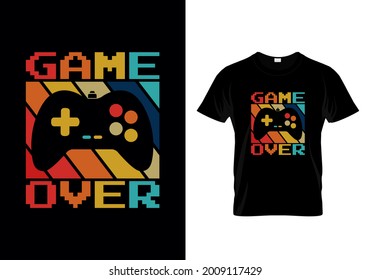 Esports gaming t shirt design for gamers with a message game over, glitchy gamepad, typography, print, vector illustration