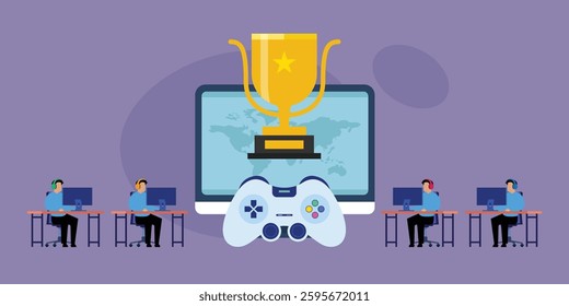 Esports Gaming Tournament Concept with Trophy, Game Controller, and Players 2d flat vector illustrations