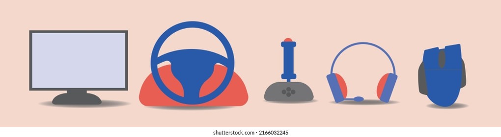 E-sports gear, including computer manipulator, steering wheel, joystick, headphones, mouse. Flat vector stock illustration. Concept of esports. Modern gadgets like sports