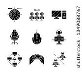 Esports glyph icons set. Videogame tournament. Game for player and team. Shooting. Computer devices. Local area network. Silhouette symbols. Vector isolated illustration