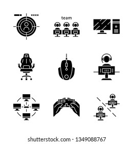 Esports glyph icons set. Videogame tournament. Game for player and team. Shooting. Computer devices. Local area network. Silhouette symbols. Vector isolated illustration