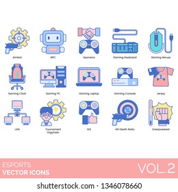 Esports icons including aimbot, NPC, sponsor, gaming keyboard, mouse, chair, pc, laptop, console, jersey, LAN, tournament organizer, GG, kill death ratio, overpowered.