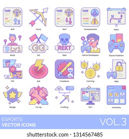 Esports icons including buff, carry, nerf, overpowered, meta, noob, GG, rekt, game developer, publisher, PVE, AoE, cooldown, farming, DRM, badge, co-op, crafting, DLC, inventory.