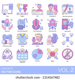 Esports icons including ping, region, NPC, disqualified, microtransaction, sponsor, gaming keyboard, mouse, chair, PC, console, jersey, caster, frag, LAN, MGO, tournament organizer, KD ratio, aggro.