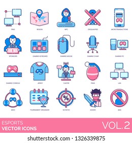 Esports icons including ping, region, NPC, disqualified, microtransactions, sponsors, gaming keyboard, mouse, chair, PC, console, jersey, caster, frag, LAN, MGO, tournament organizer, KD ratio, aggro.