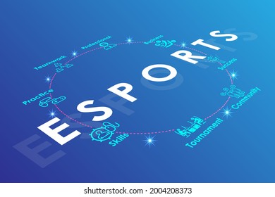 Esports illustration on blue background with web Icons - for News, Websites or Social media. Modern design. E Sports vector illustration.