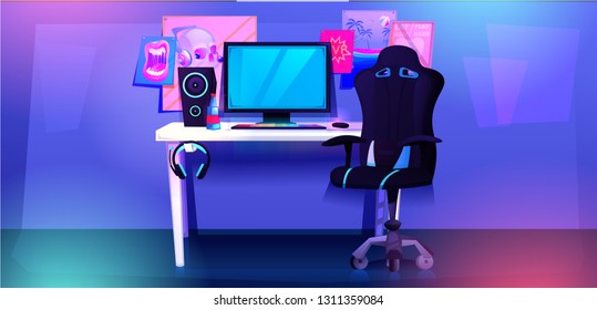 ESports interior banner. Workplace cyber sportsman gamer. A desk with a computer and headphones and a mouse with light and a gamers chair. Vector cartoon illustration