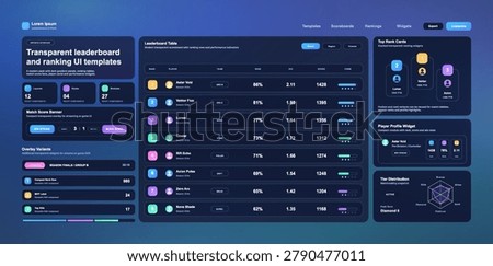 Esports Leaderboard and Ranking UI Template. Dark gaming leaderboard UI with ranking table, podium cards, player profile widget, match score banner and esports performance panels. Vector mockup
