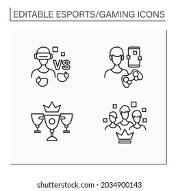 Esports line icons set. Virtual reality goggles, wireless headphones, team gaming, champion golden cup. Gaming concept. Isolated vector illustration.Editable stroke