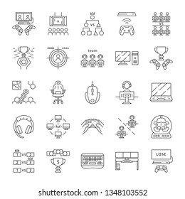 Esports linear icons set. Gaming device and gadgets. Video game tournaments. Thin line contour symbols. Isolated vector outline illustrations. Editable stroke