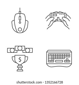 Esports linear icons set. Gaming devices. Mobile game. Prize money. Thin line contour symbols. Isolated vector outline illustrations. Editable stroke