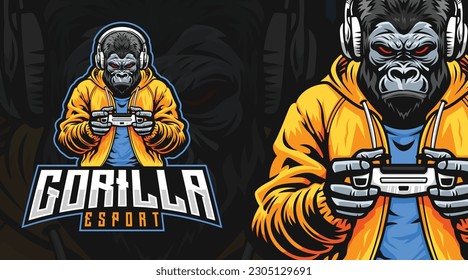 Deportes, logotipo e-sports de un gorila con capucha y auriculares sosteniendo un joystick o una almohadilla de juego o un controlador de juegos