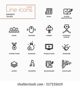 Esports - modern vector plain simple thin line design icons and pictograms set. News, player registration, parties, guides, training, transfer, earnings, competitions, champion bookmakers sponsors