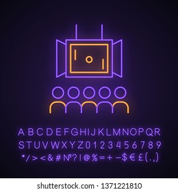 Esports Neon Light Icon. Electronic Games. Multiplayer Competition. Teamwork. E Sports Streaming. Big Screen And Audience. Glowing Sign With Alphabet, Numbers And Symbols. Vector Isolated Illustration