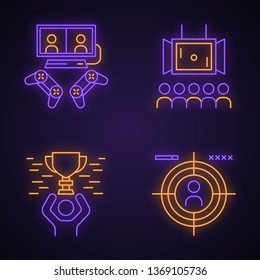 Esports neon light icons set. Gaming environment. Multiplayer video game. Tournament broadcast. Champion with award. First-person shooter. Glowing signs. Vector isolated illustrations