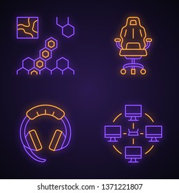 Esports neon light icons set. Real-time strategy game. Local area network. Gaming devices. Glowing signs. Vector isolated illustrations