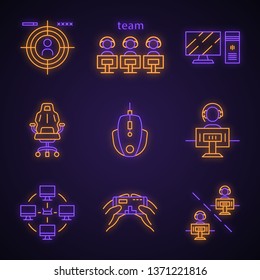 Esports neon light icons set. Videogame tournament. Game for player and team. Shooting. Computer devices. Local area network. Glowing signs. Vector isolated illustrations