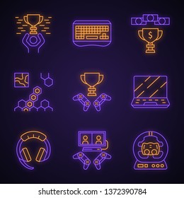 Esports neon light icons set. Gaming gadgets and accessories. Winner cup. Strategy game. Gamer hardware. Glowing signs. Vector isolated illustrations