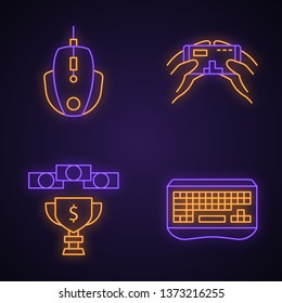 Esports neon light icons set. Gaming devices. Mobile game. Prize money. Glowing signs. Vector isolated illustrations