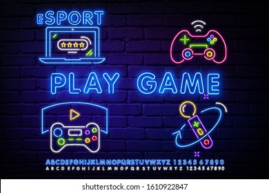 Esports neon light icons set. Neon Play and Win. Gaming device and gadgets. Video game tournaments. Glowing signs. Vector isolated illustrations